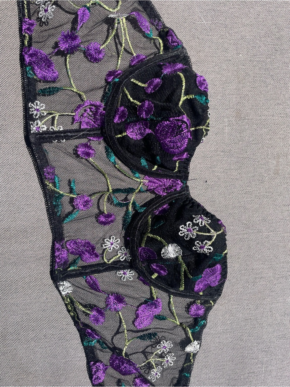 Black Sheer Bustier Top with Purple Floral Embroidery